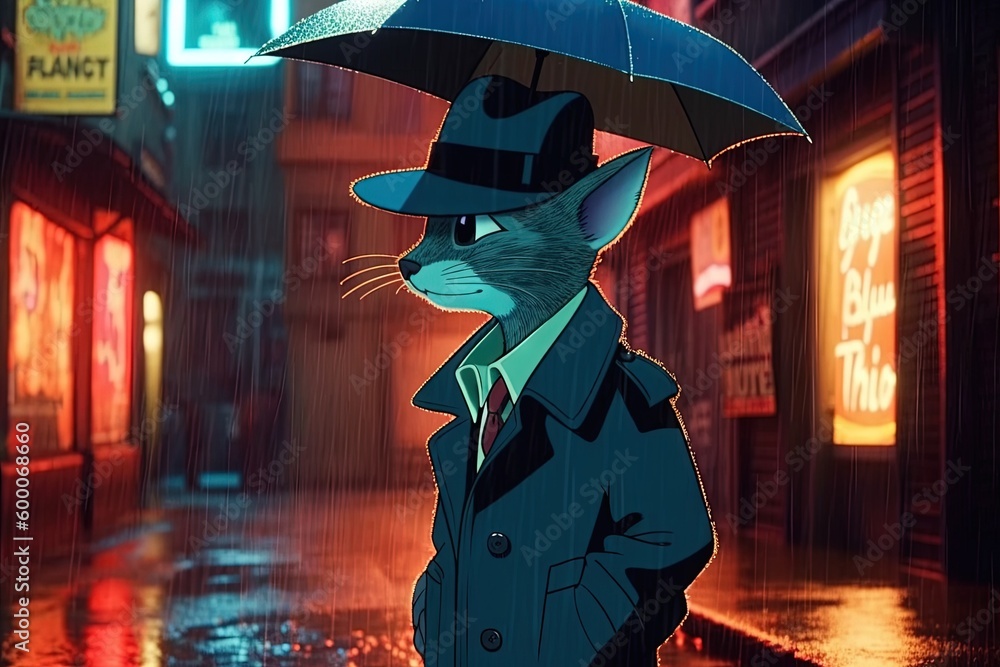 Cat hardboiled detective smoking a cigarette and wearing a fedora