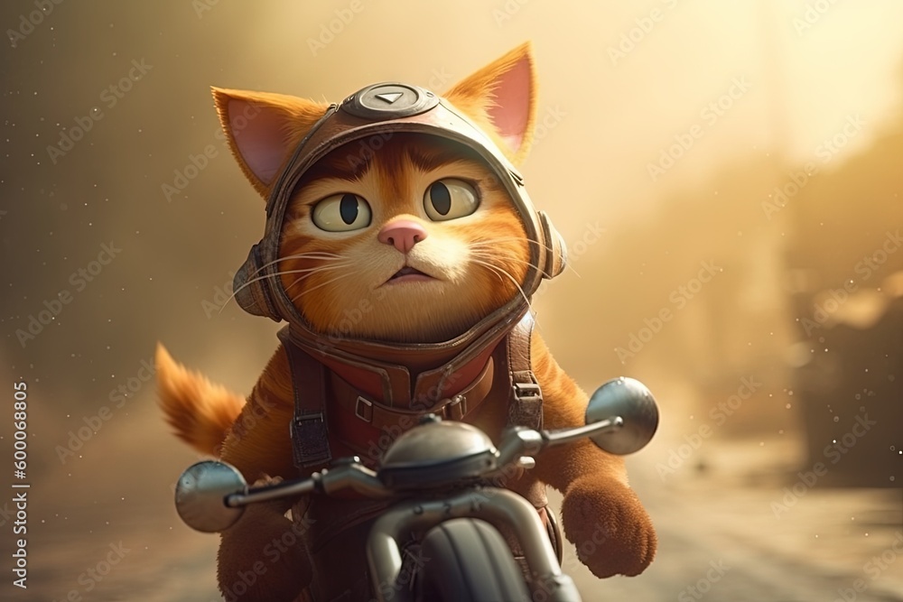 Orange tabby cat, wearing a leather jacket and helmet, racing a