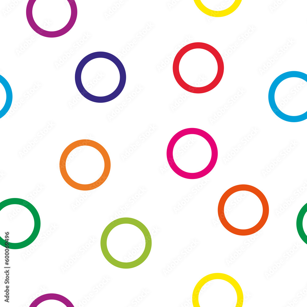 Seamless pattern of randomly arranged multicolored rings. Elegant children's print