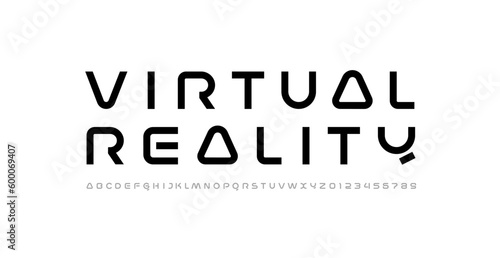 Virtual font, digital cyber alphabet made space future design, uppercase Latin letters A-Z and Arab numerals 0-9 space style, vector illustration 10EPS