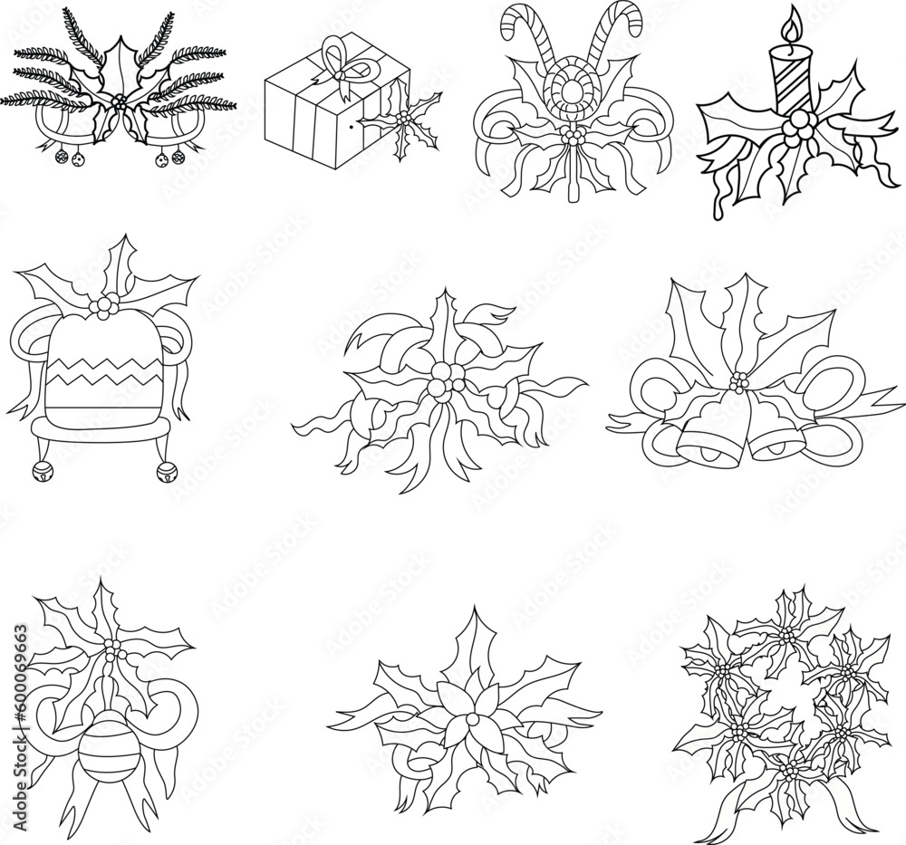 set of christmas elements.Outline set of christmas elements.Outline