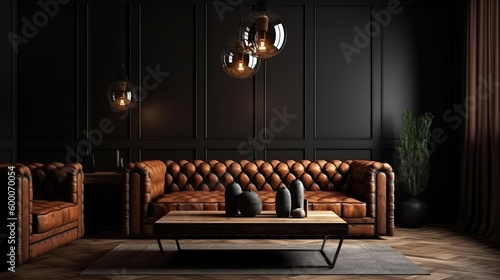 Black classic loft interior with leather sofa floor. Generative Ai