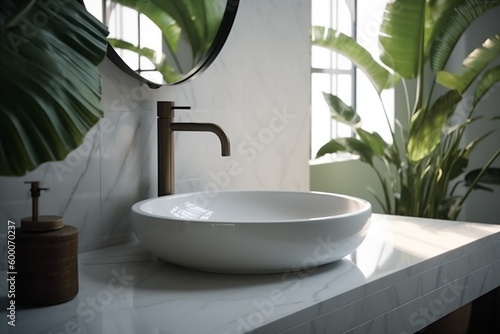 faucet clean tropical home sink design green white interior bathroom leaf. Generative AI.