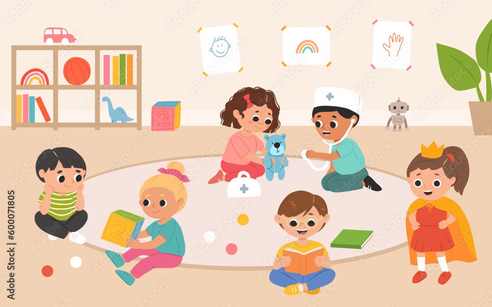 Kids play toys and games together in kindergarden. Cartoon playroom with children. Kids play toys and games together in kindergarden. Cartoon playroom with children.