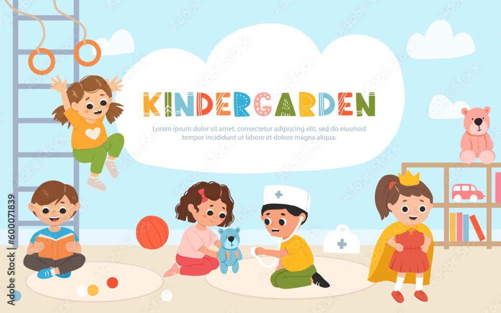 Kids playing toys and games, reading books together in kindergarden. Cartoon playroom with children. Kids playing toys and games, reading books together in kindergarden. Cartoon playroom with children.