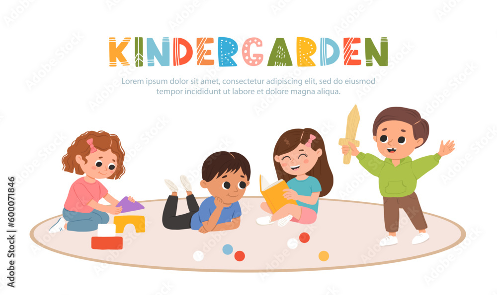 Kids play toys and games together in kindergarden. Cartoon playroom with children.