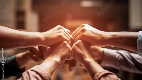 Close up hand of Business teamwork punch hands together. successful business teamwork concept, Generative AI