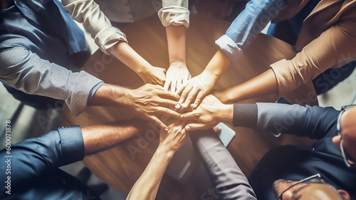 Success of team concept, Top view hands of Business teamwork join hands together in office, Generative AI