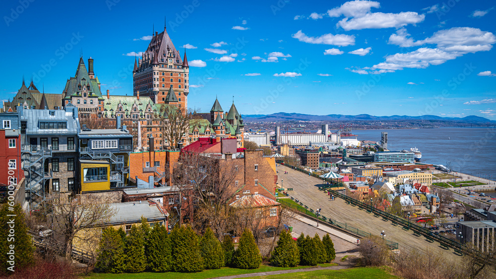 Quebec City skyline, architecture, buildings, view of Frontenac Castle  or Fairmont Le Chateau Frontenac in Canada overlooking the St. Lawrence River