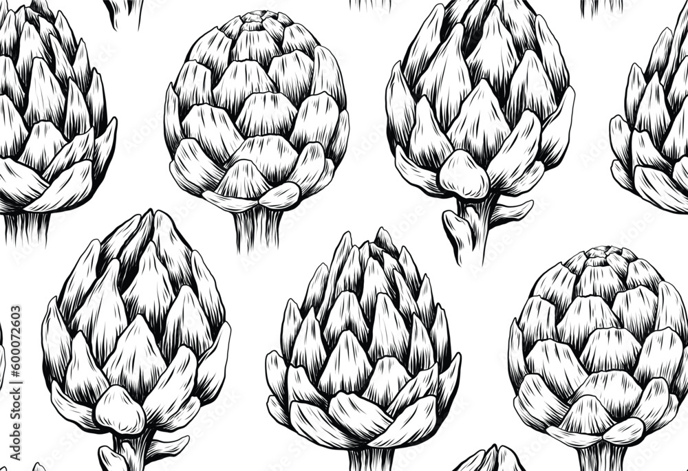 Fototapeta premium Vector monochrome pattern with a sketch of artichokes in row on a white background. Texture with drawn vegetables with hatching.