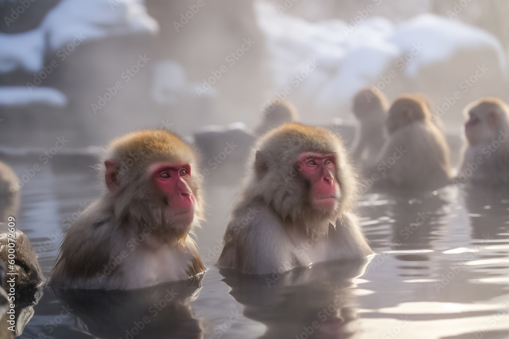 Fototapeta premium A troupe of mischievous wild monkeys joyfully frolic and play at the outdoor snowing hot spring onsen, appearing carefree and at ease in their natural habitat. generative AI.