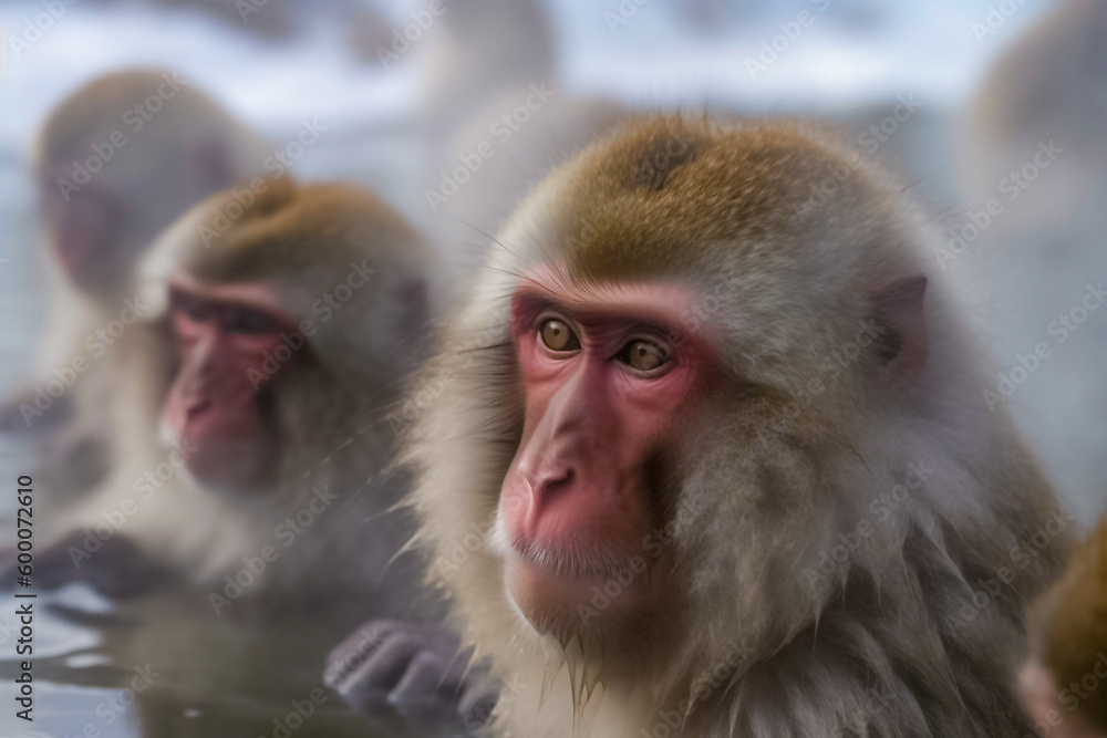 A troupe of mischievous wild monkeys joyfully frolic and play at the outdoor snowing hot spring onsen, appearing carefree and at ease in their natural habitat. generative AI. A troupe of mischievous wild monkeys joyfully frolic and play at the outdoor snowing hot spring onsen, appearing carefree and at ease in their natural habitat. generative AI.
