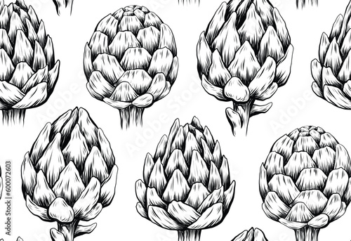Vector monochrome pattern with a sketch of artichokes in row on a white background. Texture with drawn vegetables with hatching.