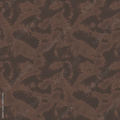 Digital military camouflage. Seamless camo pattern. Halftone dots background. Skin of a chameleon or snake. Dark brown color. Abstract texture for print on fabric, textile or paper. Vector