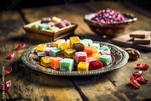 Turkish delights. Various pieces of traditional Turkish sweets on a wooden table. Created with Generative AI technology.