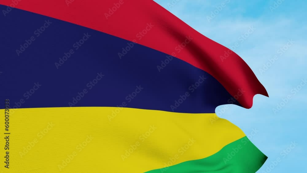 Mauritius Flag Waving In Blue Sky Mauritius Flag Waving In Blue Sky