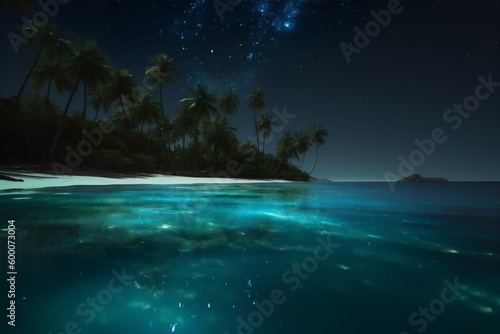 ocean vacation beach night blue tropical luminous sky paradise tree palm. Generative AI.