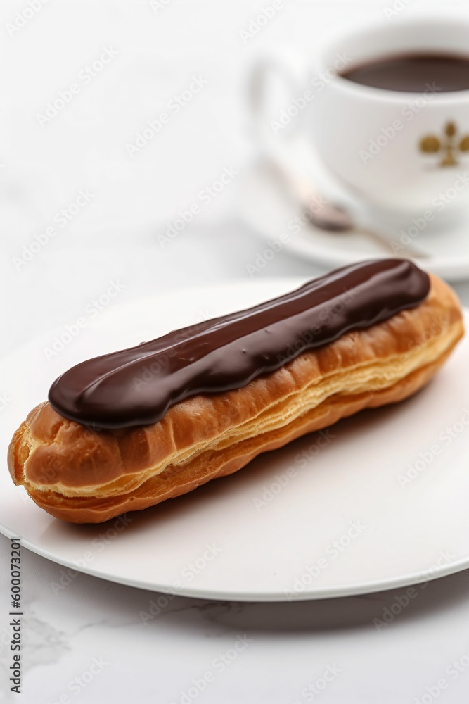Éclair au chocolat avec glaçage brillant, sur fond blanc, illustration culinaire ia générative Éclair au chocolat avec glaçage brillant, sur fond blanc, illustration culinaire ia générative