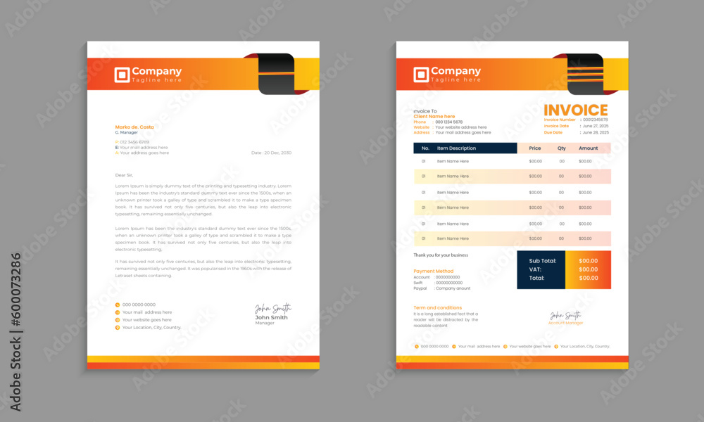 Corporate and flat business invoice design template with 2 variations bundle or professional Business letterhead template