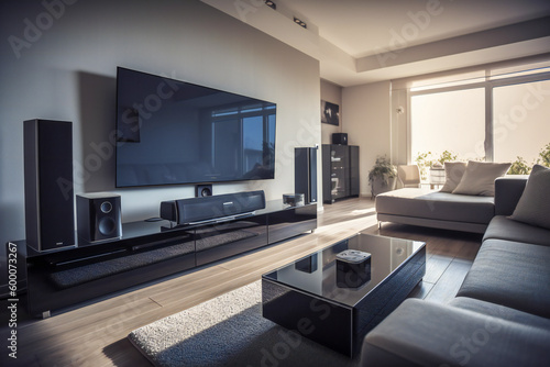 Modern living room with a big TV, audio line and furniture. Created with Generative AI technology.