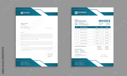 Creative, modern, unique, clean, and professional corporate company business letterhead and invoice template design with color and concept variation bundle