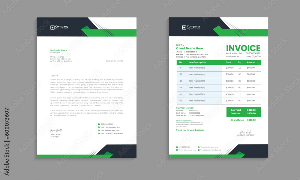 Creative, modern, unique, clean, and professional corporate company business letterhead and invoice template design with color and concept variation bundle