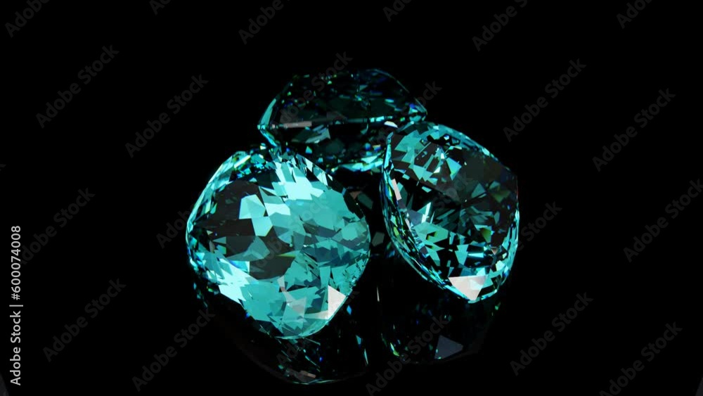 Paraiba tourmalines rotating on black glossy background. 3D seamless loop animation Paraiba tourmalines rotating on black glossy background. 3D seamless loop animation