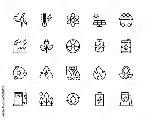 Types of energy vector line icons. Isolated icon collection of energy types on white background. Energy vector symbol set.