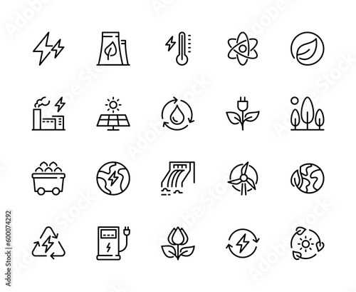 Types of energy vector line icons. Isolated icon collection of energy types on white background. Energy symbol vector set.