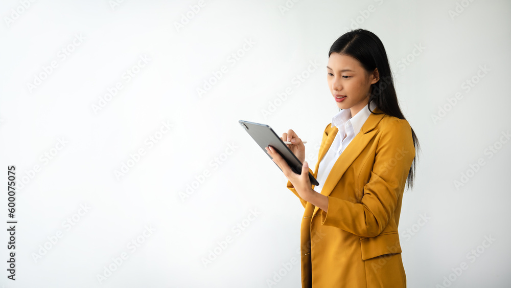 Portrait photo of young beautiful Asian woman feeling happy and holding smart phone, tablet and laptop with black empty screen on white background product presenting concept.. Portrait photo of young beautiful Asian woman feeling happy and holding smart phone, tablet and laptop with black empty screen on white background product presenting concept..