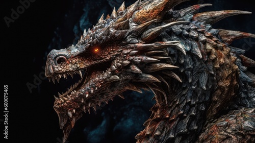 head of a dragon with burning eyes