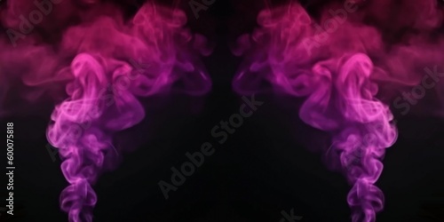 Magenta smoke clouds on black background blur effect. AI symmetrical template.