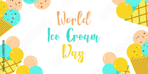Ice cream Day. Horizontal postcard, poster, flyer. Design for a cafe, website. A waffle cone with various balls of colorful fruit ice cream. Vector flat illustration.