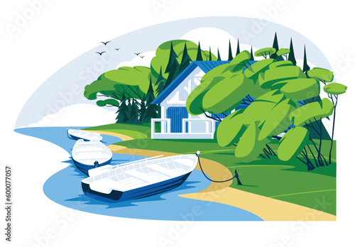 wooden holiday house near a river or lake with boats. Rest, relax, tourism, fishing concept. Vector flat illustration landscape