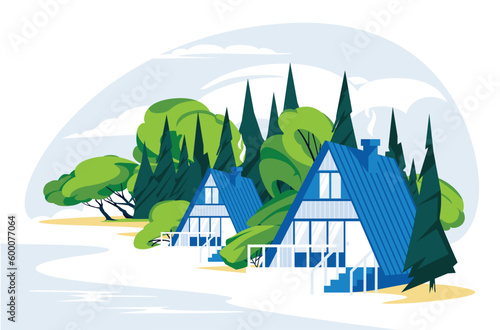 wooden holiday houses near a river or lake. Rest, relax, tourism, fishing concept. Vector flat illustration landscape