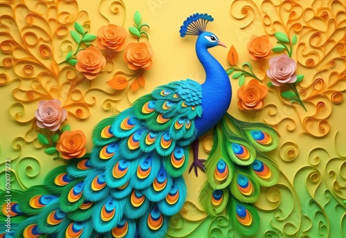 A peacock made by quilling papers, simple color, 3D, This wallpaper is suitable for interior mural painting wall art decor, 3D background. AI
