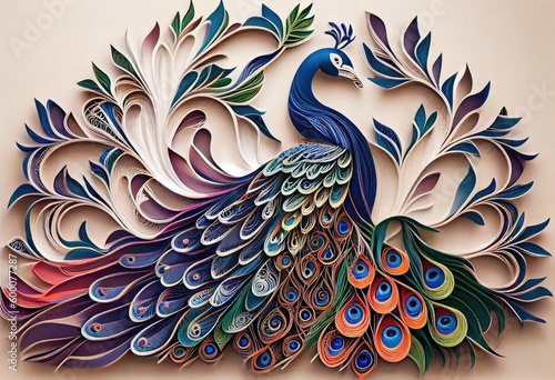 A peacock made by quilling papers, simple color, 3D, This wallpaper is suitable for interior mural painting wall art decor, 3D background. AI