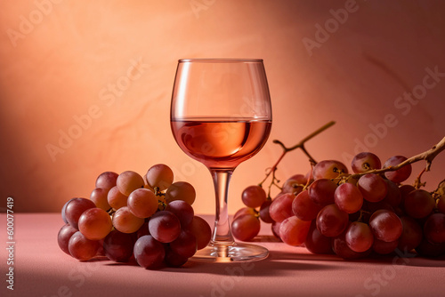 a tasty and healthy glass rose wine with grapes on a light orange background, created with generative ai