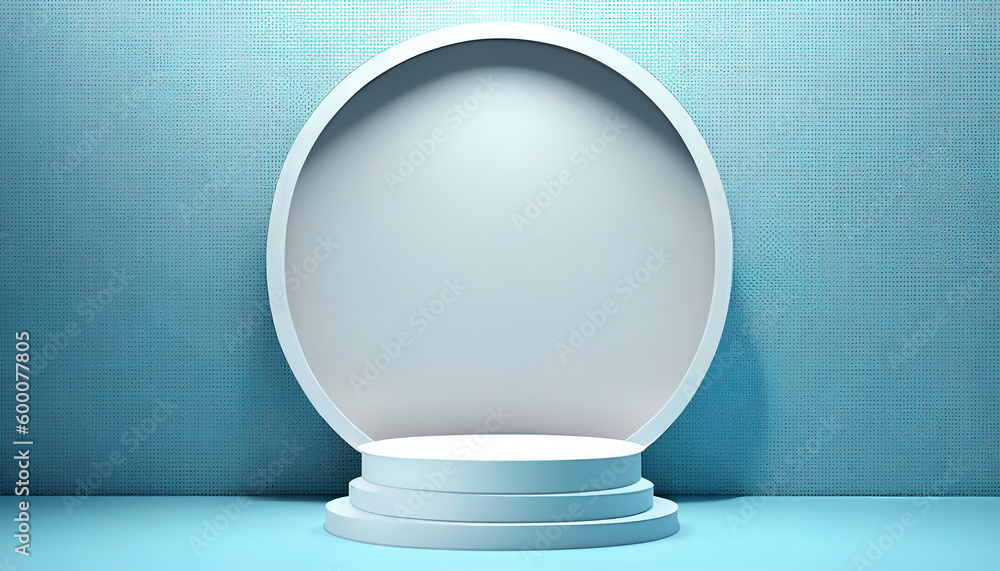 A round white podium with a blue background and a white circle in the middle, Generative AI A round white podium with a blue background and a white circle in the middle, Generative AI