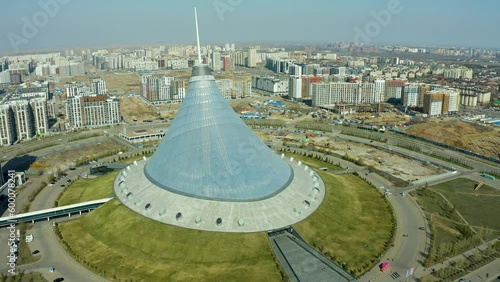Aerial view over the city center with Khan Shatyr and central business district Kazakhstan, Astana, Central Asia