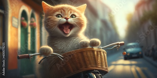 cat have fun bicycle ride on sunshine day in summer on town street Generative AI