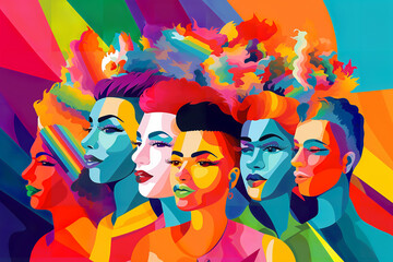 Pop art illustration, banner, texture or background depicting the pride day and the LGBT community with diverse people