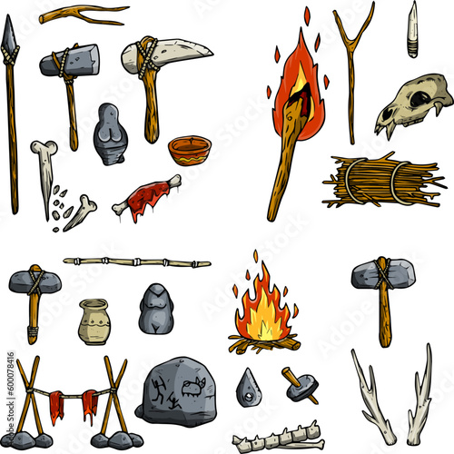 Set of items of primitive man and hunter