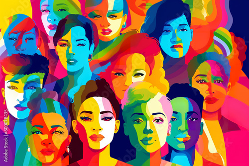 Pop art illustration, banner, texture or background depicting the pride day and the LGBT community with diverse people photo
