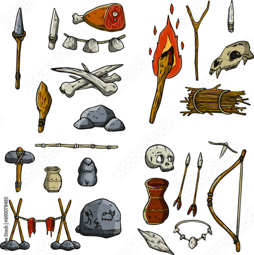 Set of items of primitive man and hunter