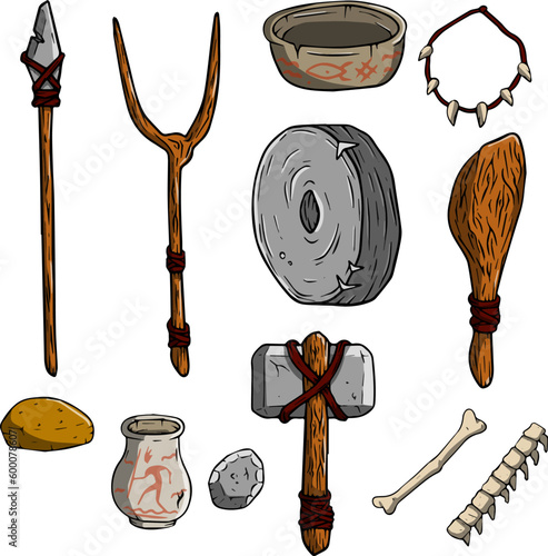 Set of items of primitive man and hunter