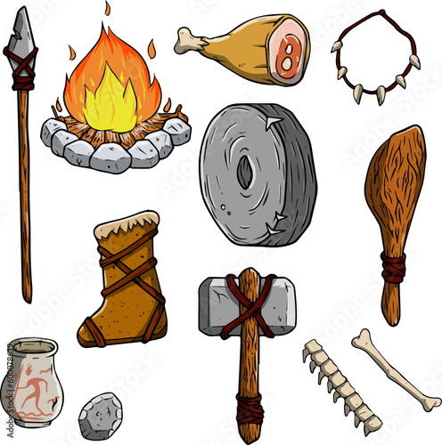 Set of items of primitive man and hunter.