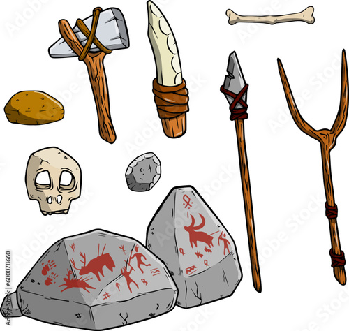 Set of items of primitive man and hunter