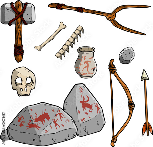 Set of items of primitive man and hunter