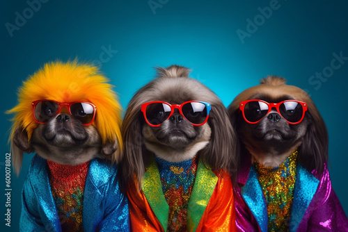 Stylish animal rock band, fashionable portrait of anthropomorphic superstar pekinese dogs with sunglasses and vibrant suits, group photo, glam rock style. Generative AI.